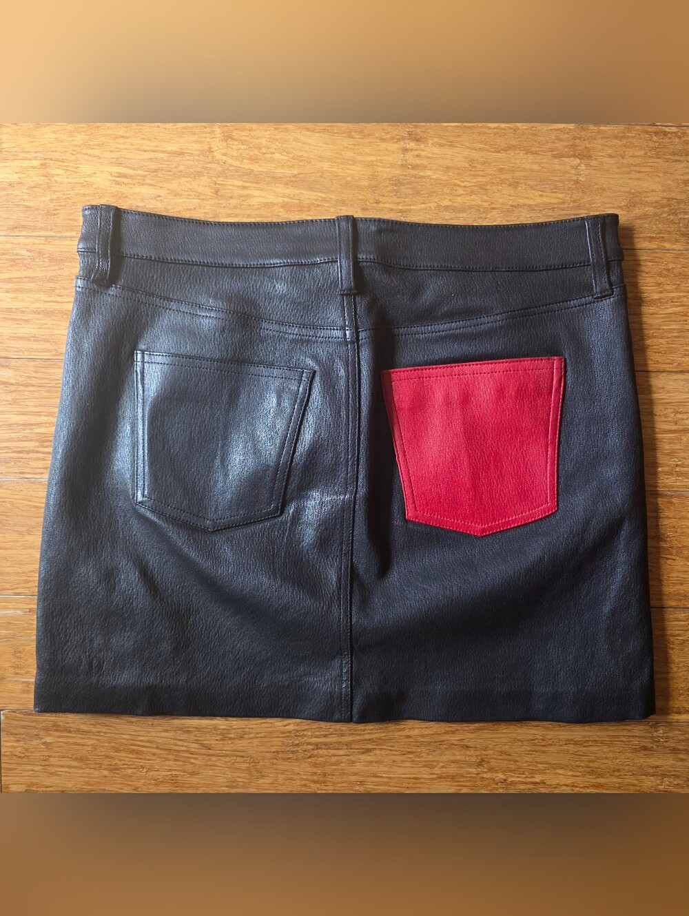 Current/Elliot Lamb Black Leather Mini Skirt with Red Pocket